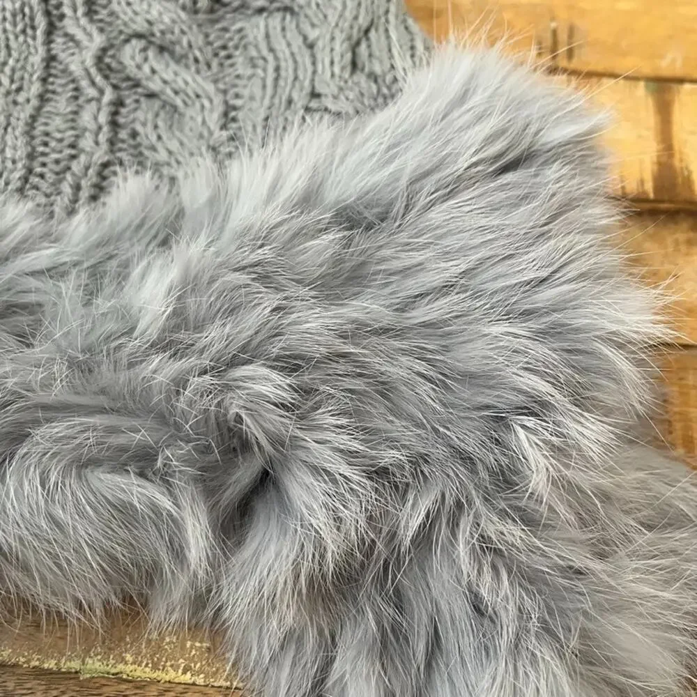 Gray Women's Trapper-Style Hat Braided Cable Knit Genuine Fur Trim